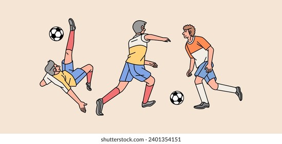 Soccer man male guy  players character in action various poses set line style illustration