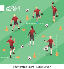 Soccer Man Red Team Training Isometric Vector illustration Set