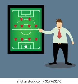 Soccer manager presenting tactic on board-vector