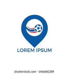 Soccer and map pointer logo design. Ball and gps locator symbol or icon. Unique football and pin logotype design template.