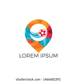 Soccer and map pointer logo design. Ball and gps locator symbol or icon. Unique football and pin logotype design template.
