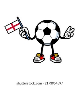 soccer mascot holding england flag and hand peace, vector illustration
