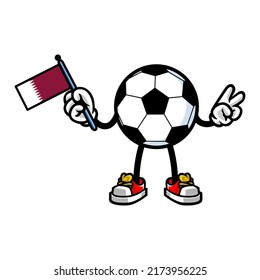 soccer mascot holding qatar flag and hand peace, vector illustration