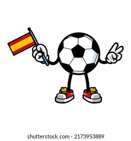 Soccer Mascot Holding Spain Flag With Hand Peace, Vector Illustration