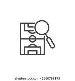 Soccer Match Analysis line icon. linear style sign for mobile concept and web design. A magnifying glass over a soccer field outline vector icon. Symbol, logo illustration. Vector graphics