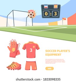 Soccer match banner. International football championships in stadiums with players wearing their teams shirts gambling competitions tournament trophies and groups fans. Cartoon poster.