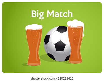 soccer match, close-up view of soccer ball and beer glasses on light background