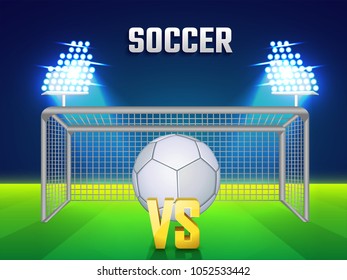 Soccer match concept, with soccer ball, night stadium background.