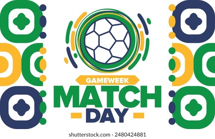 Soccer Match Day. Game day. Fooball pitch and ball. championship and cup. League playoff, final of regular season. Sport poster. Vector illustration