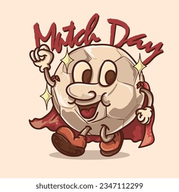 soccer match day mascot concept. funky socer ball with face cartoon character mascot vector illustration