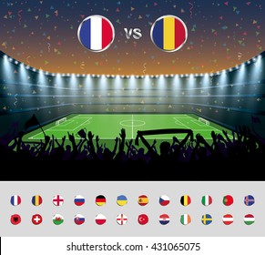 Soccer match France 2016 with excited crowd of people at a soccer stadium. Soccer arena.
vector illustration.
