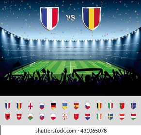Soccer match France 2016 with excited crowd of people at a soccer stadium. Soccer arena.
vector illustration.