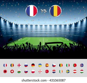 Soccer match France 2016 with excited crowd of people at a soccer stadium. Soccer arena.
vector illustration.