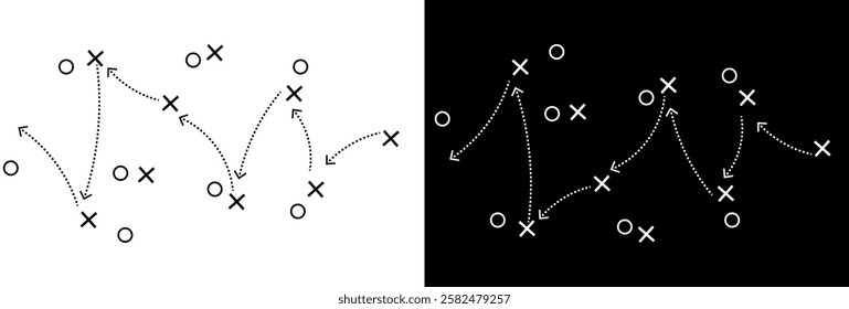  Soccer Match game strategy and tactic plan line icon. isolated on white and black background. Playbook of coach. Strategic organization on field for learning.Vector graphics. stock illustration,eps10