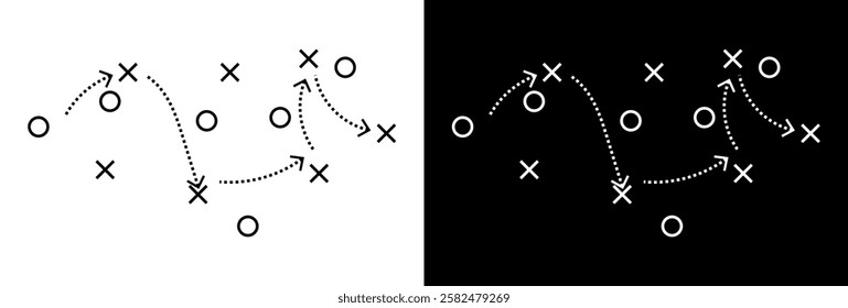  Soccer Match game strategy and tactic plan line icon. isolated on white and black background. Playbook of coach. Strategic organization on field for learning.Vector graphics. stock illustration,eps10