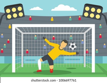 Soccer match goalkeeper on stadium concept. Flat illustration of soccer match goalkeeper on stadium vector banner horizontal concept for web