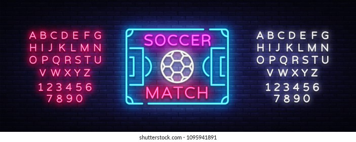 Soccer Match Logo Neon Vector. Design Template Soccer Neon Sign, Bright Night Signboard, Design Element for Football Advertising, Championship European Football Symbol. Vector. Editing text neon sign