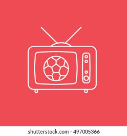 Soccer Match On Old TV Line Icon On Red Background