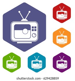 Soccer match on TV icons set hexagon isolated vector illustration