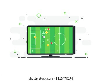 Soccer match on TV set. Playing field on screen. Trendy flat vector illustration. 