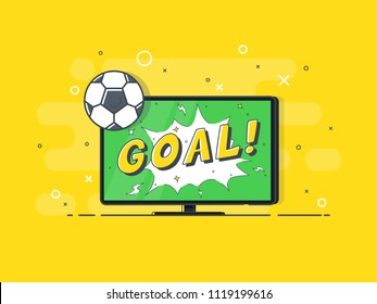 
Soccer match on TV set. Goal football / soccer ball and comic speech bubble balloon. Pop art style wow banner vector on yellow background. Vector Illustration. 