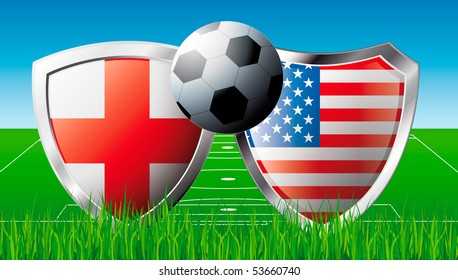 Soccer match in South Africa 2010. Shiny football shield of national flag. Abstract illustration vector on colorful background with grass.