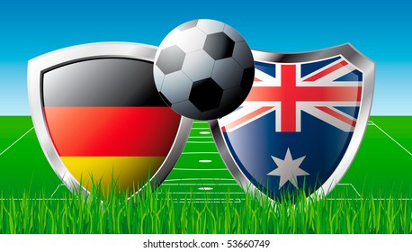 Soccer match in South Africa 2010. Shiny football shield of national flag. Abstract illustration vector on colorful background with grass.
