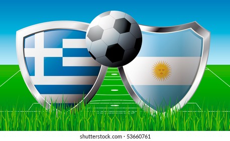 Soccer match in South Africa 2010. Shiny football shield of national flag. Abstract illustration vector on colorful background with grass.