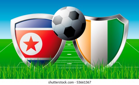 Soccer match in South Africa 2010. Shiny football shield of national flag. Abstract illustration vector on colorful background with grass.
