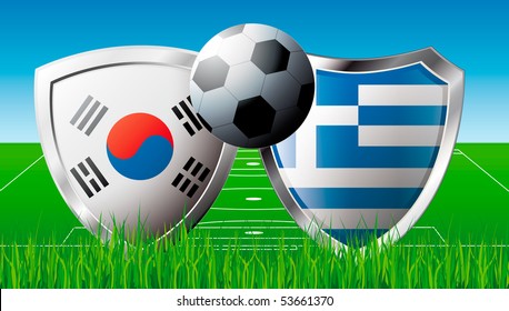 Soccer match in South Africa 2010. Shiny football shield of national flag. Abstract illustration vector on colorful background with grass.