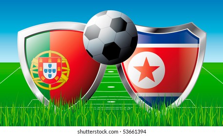 Soccer match in South Africa 2010. Shiny football shield of national flag. Abstract illustration vector on colorful background with grass.