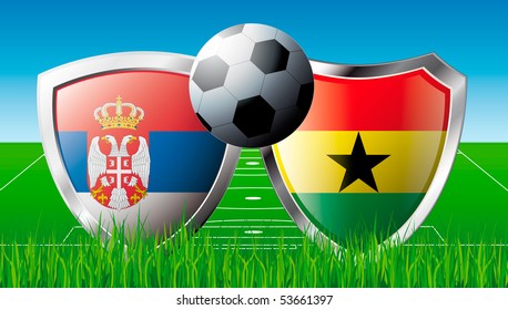 Soccer match in South Africa 2010. Shiny football shield of national flag. Abstract illustration vector on colorful background with grass.