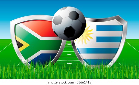 Soccer match in South Africa 2010. Shiny football shield of national flag. Abstract illustration vector on colorful background with grass.