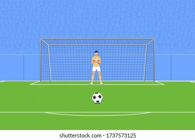 Soccer match at the stadium. Goalkeeper is standing in goal. Penalty, free kick.Vector illustration