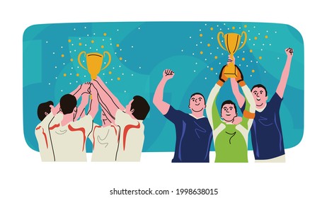 In a soccer match, the winning team celebrates on the field