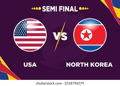 Plantilla de la jornada de fútbol. USA vs Corea del Norte Jornada de Plantilla. Banderas rivales de ambos Equipos con forma futbolística. Aislar con color púrpura y archivo EPS editable.
Partido de fútbol USA VS PRK.
