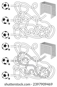 Soccer maze for kids with a solution in black and white