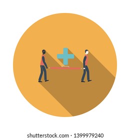 Soccer Medical Staff Carrying Stretcher Icon. Flat Circle Stencil Design With Long Shadow. Vector Illustration.