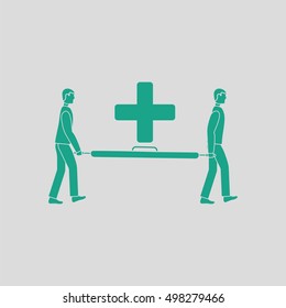 Soccer medical staff carrying stretcher icon. Gray background with green. Vector illustration.