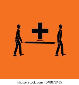 Soccer medical staff carrying stretcher icon. Orange background with black. Vector illustration.