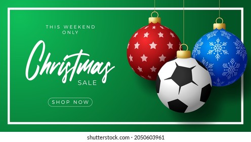 soccer Merry Christmas and Happy New Year luxury Sports greeting card. football ball as a Christmas ball on background. Vector illustration.