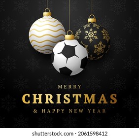 soccer Merry Christmas and Happy New Year luxury Sports greeting card. football ball as a Christmas ball on background. Vector illustration.