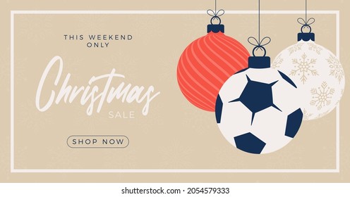 Soccer Merry Christmas sale horizontal banner. Christmas card with sport football ball hang on a thread on background. Flat and cartoon Vector illustration