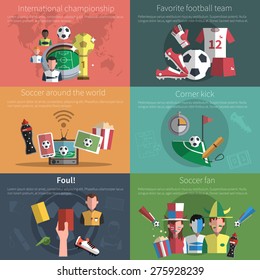 Soccer mini poster set with world championship football fan elements isolated vector illustration