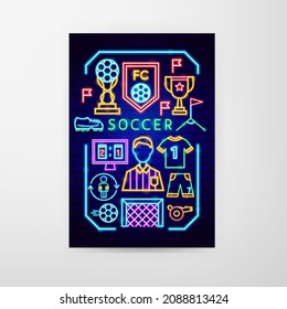 Soccer Neon Flyer. Vector Illustration of Sport Football Promotion.