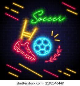 Soccer with neon light glowing effect. Football station with neon bright element