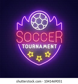 Soccer neon sign, bright signboard, light banner. Football logo, emblem. Vector illustration