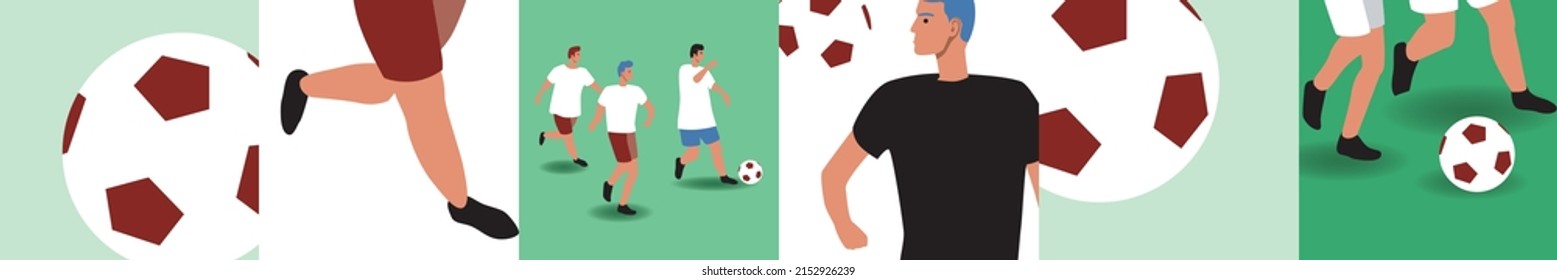 soccer on field. Flat vector stock illustration or collage. Football Championship. Players run after ball. Sports Illustration Set