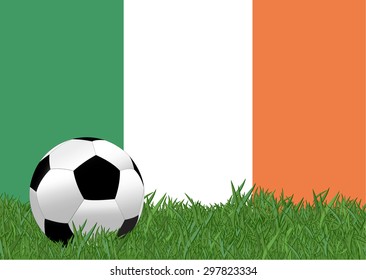 soccer on the football field with Republic of Ireland flag background, Ireland is the participating team in football tournament at France on 2016, this design for template of football match