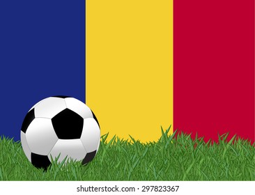 soccer on the football field with Romania flag background, Romania is the participating team in football tournament at France on 2016, this design for template of football match